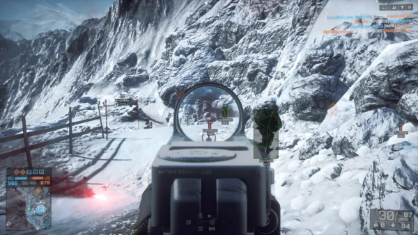 Battlefield 4 box and skeleton ESP on distant enemies across a snow map